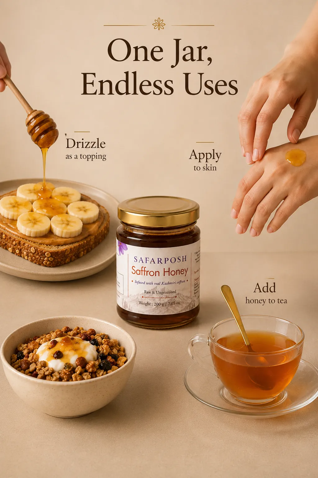 Saffron honey used on toast, in tea, with granola and as part of a skincare ritual