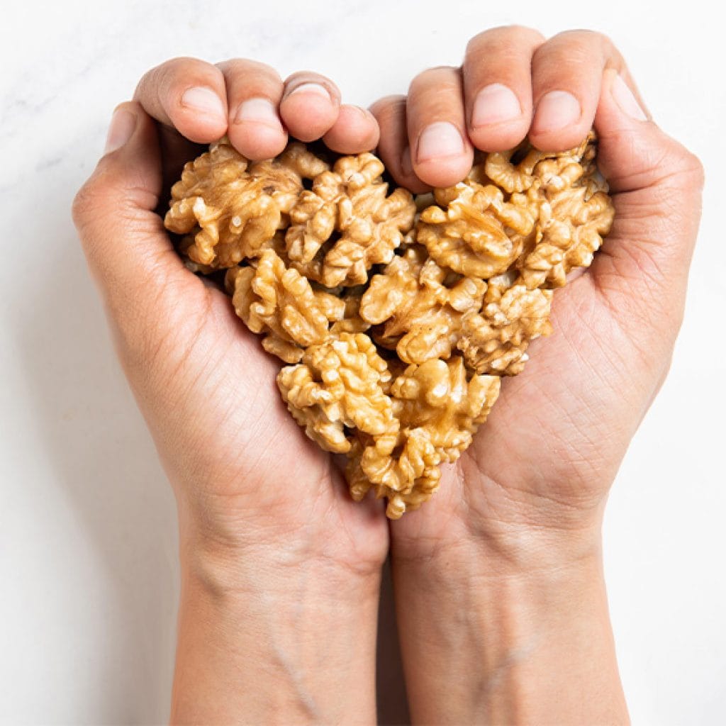 Hands holding walnut kernels arranged in a heart shape