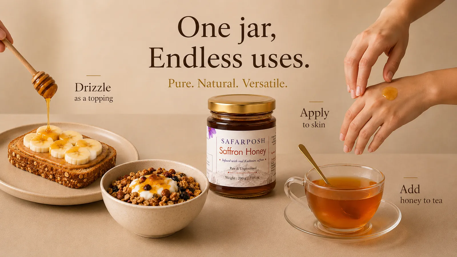 Saffron honey used on toast, in tea, with granola and as part of a skincare ritual