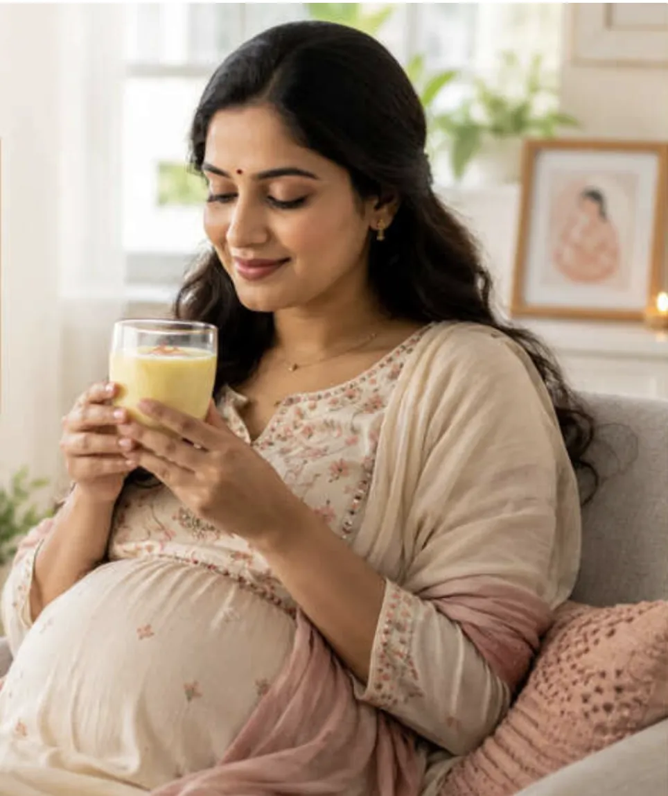 Expectant mother drinking warm saffron milk at home