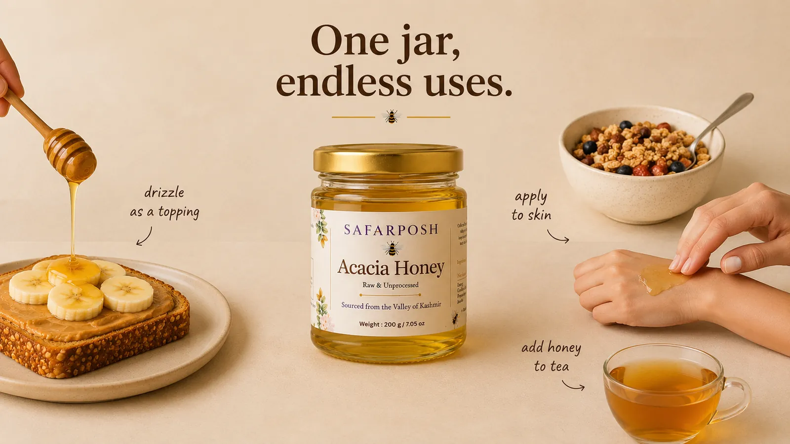 Acacia honey used on toast, in tea, with granola and as part of a skincare ritual