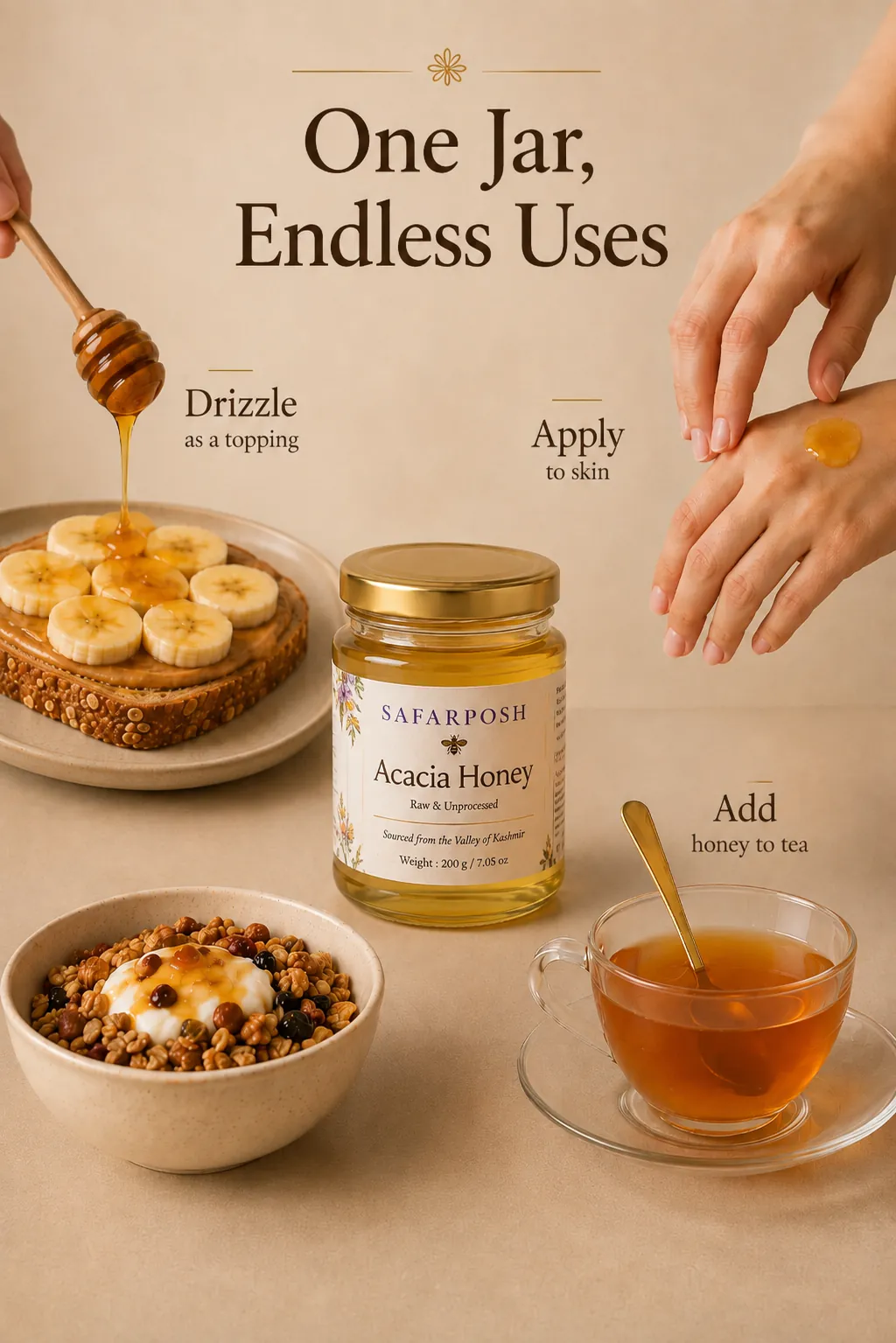 Acacia honey used on toast, in tea, with granola and as part of a skincare ritual