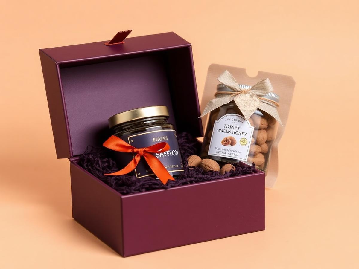 Deep plum Safarposh gift box holding saffron, honey and walnuts