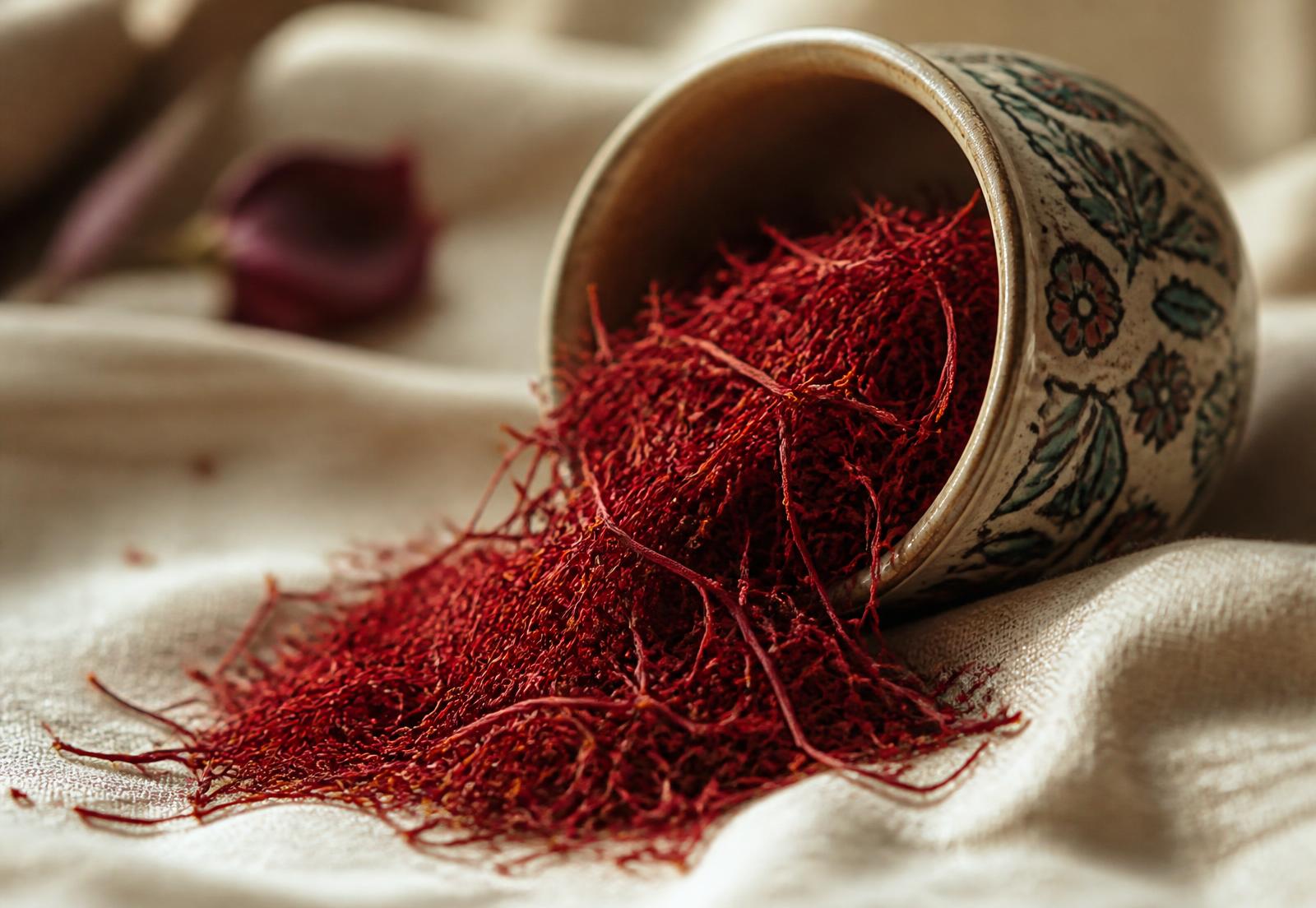Saffron threads spilling from a ceramic bowl